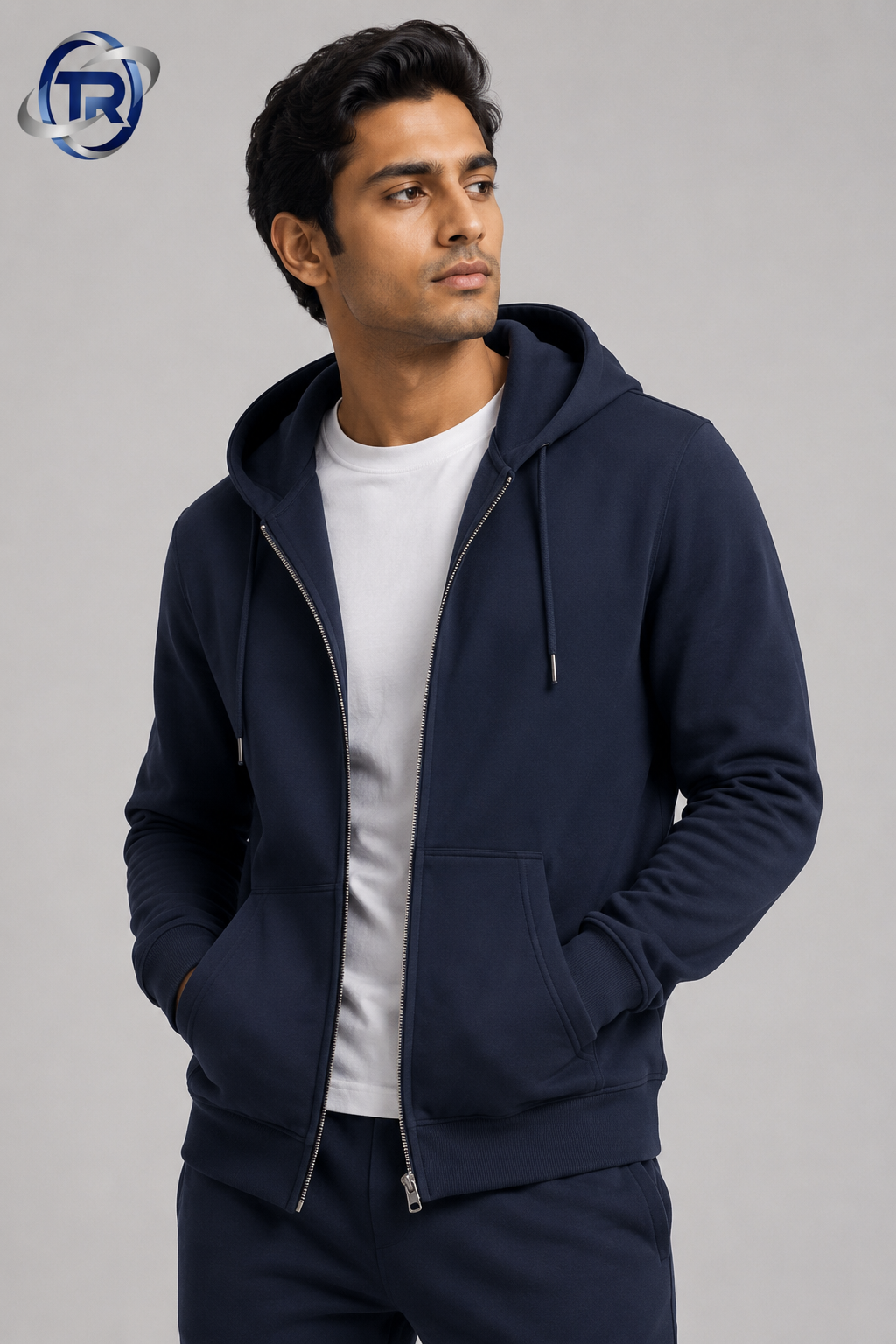 Model wearing Men's Zip Hoodies
