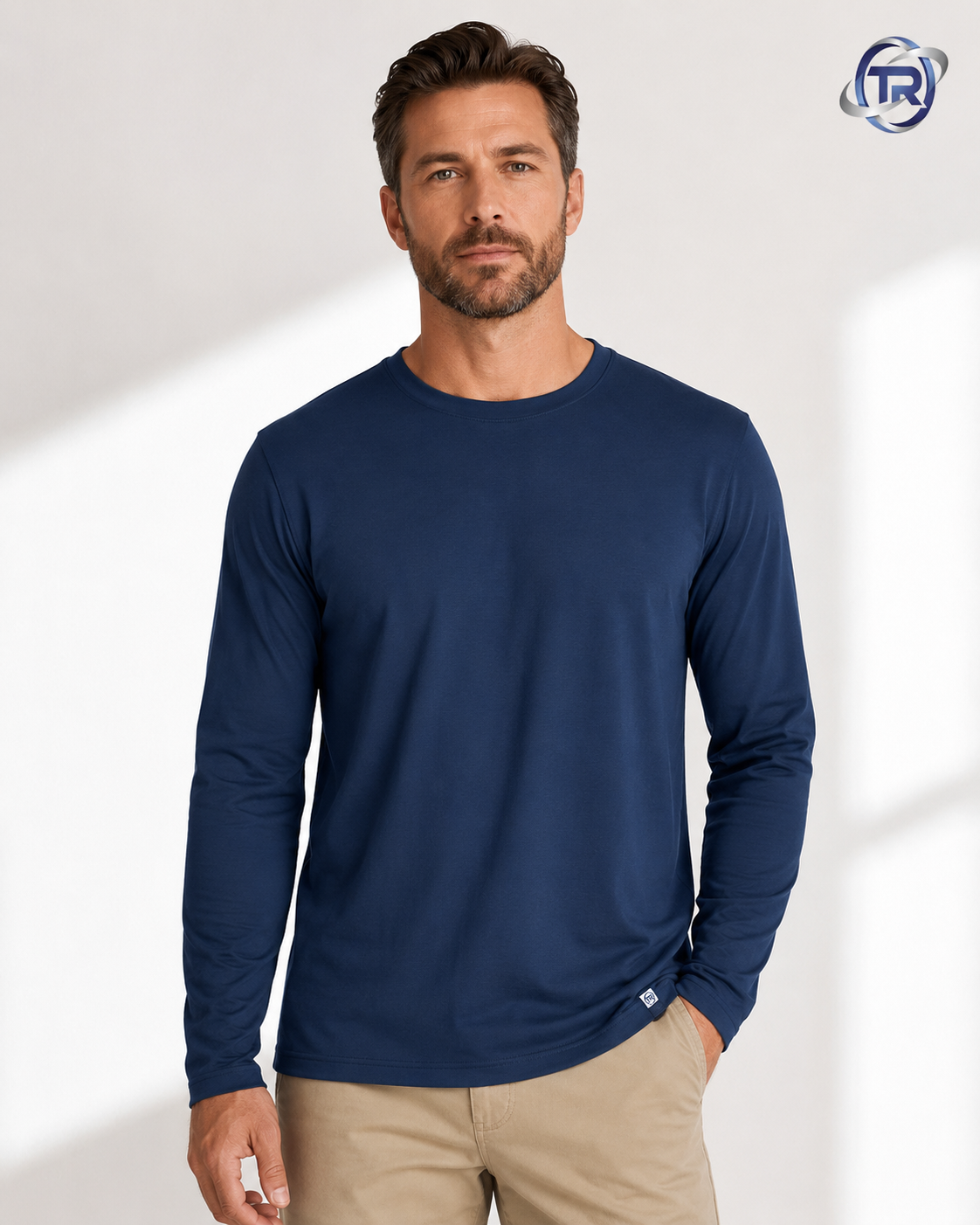 Model wearing Men's Long Sleeve T-Shirt