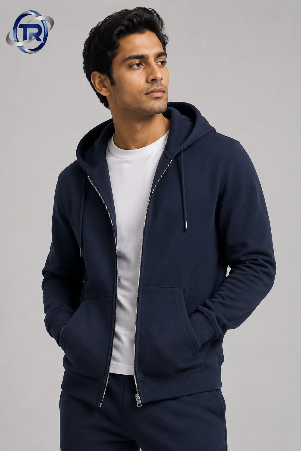 Model wearing Men's Zip Hoodies